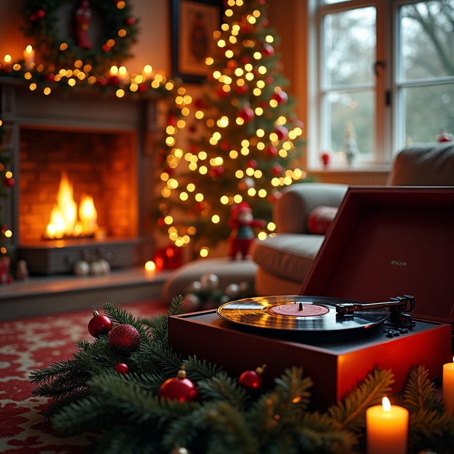A festive room scene with a vintage record player surrounded by Christmas decorations, such as garlands, ornaments, and candles. Include a family singing carols or dancing, and a glowing Christmas tree in the background to capture the joyful atmosphere."
