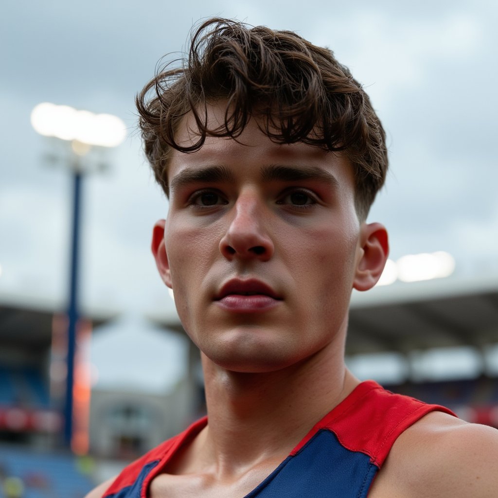 Headshot of a javelin thrower mid-focus before the throw, face calm but intense, sky and stadium in soft blur behind, athlete in national jersey