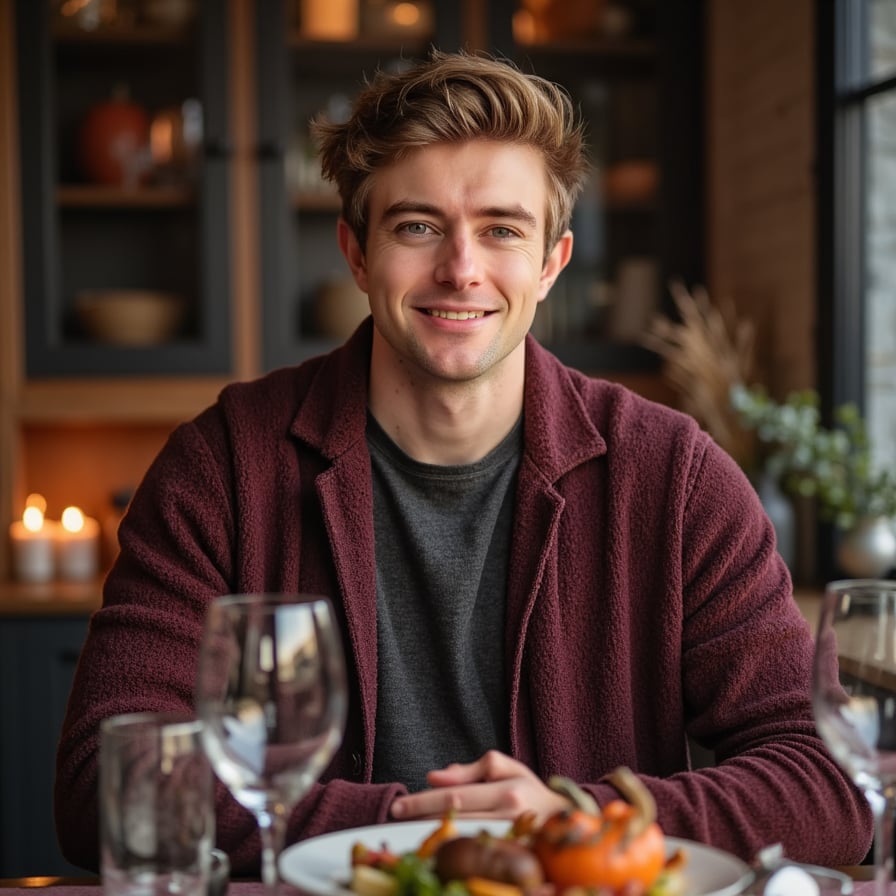 Hyperrealistic, highly detailed, HDR waist-up portrait of a man (male, ~40 yrs) indoors in a warmly lit dining space. Camera eye-level, straight-on. He wears a deep charcoal henley layered under a dark maroon wool cardigan with button detail. Short dark hair with a few silver strands, neatly styled. Background softly blurred: dark wood panels and subtle candle bokeh, faint reflections on glassware. Lighting warm and directional — candlelight from lower left adds gentle upward highlights on his face and collarbones. Visible details: fine beard texture, micro-shadows across the face, sweater’s dense weave, reflections in eyes. Mood cinematic, intimate Thanksgiving warmth. HDR, high resolution, high quality, highly detailed, photorealistic.