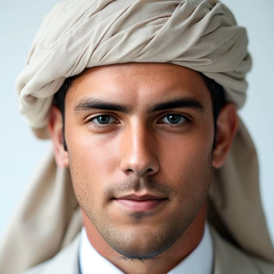 A passport-size photo of a person wearing religious attire, such as a hijab, turban, or skullcap. The background is plain white, and the attire does not cover the face. The lighting is even, with no shadows, and the individual maintains a neutral expression