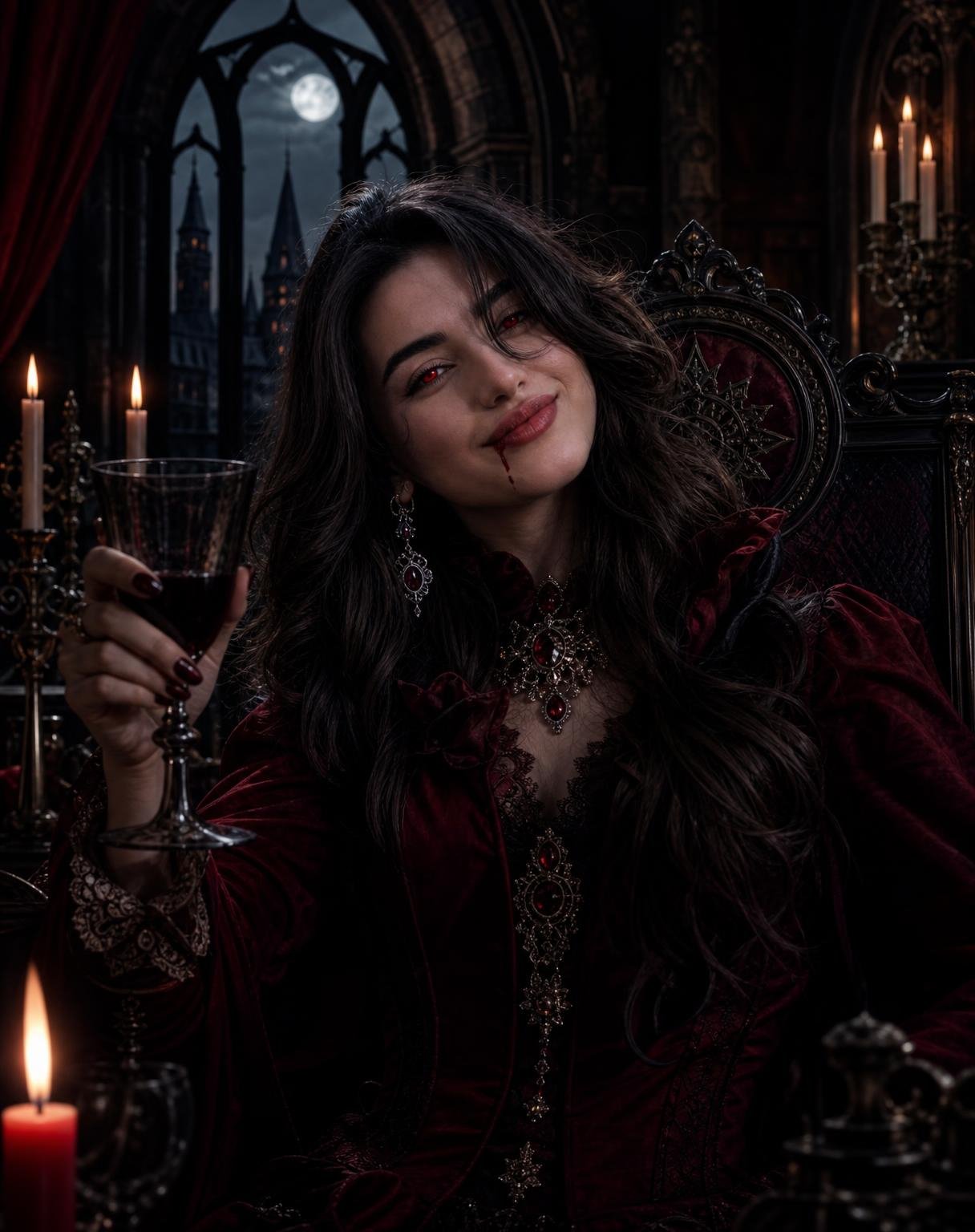 Just upload a photo of yourself or your favorite celebrity and transform it into a breathtaking vampire masterpiece. Generate cinematic gothic castles, glowing crimson eyes, elegant Victorian fashion, luxurious gothic jewelry, dramatic candlelight, dark fantasy aesthetics, realistic skin textures, ultra-detailed hair, and haunting 8K realism.