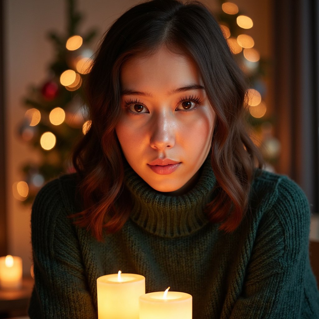 Highly detailed, highly realistic, hyperrealistic HDR close-up portrait of a woman (female, 40 yrs) illuminated by warm candlelight. Camera straight-on, tight head-and-shoulders framing. She wears a dark forest-green wool turtleneck sweater, texture clearly visible in soft folds around the neck. Her hair is mid-length, softly curled, dark brown with auburn undertones catching the candle glow. The background fades into rich darkness with bokeh from two small candles. Her expression gentle, eyes reflecting golden light. Visible skin texture, fine facial hair, soft sheen on lips, and subtle catchlight in eyes. Warm cinematic contrast, candlelight realism. HDR, high resolution, high quality, highly detailed, photorealistic.