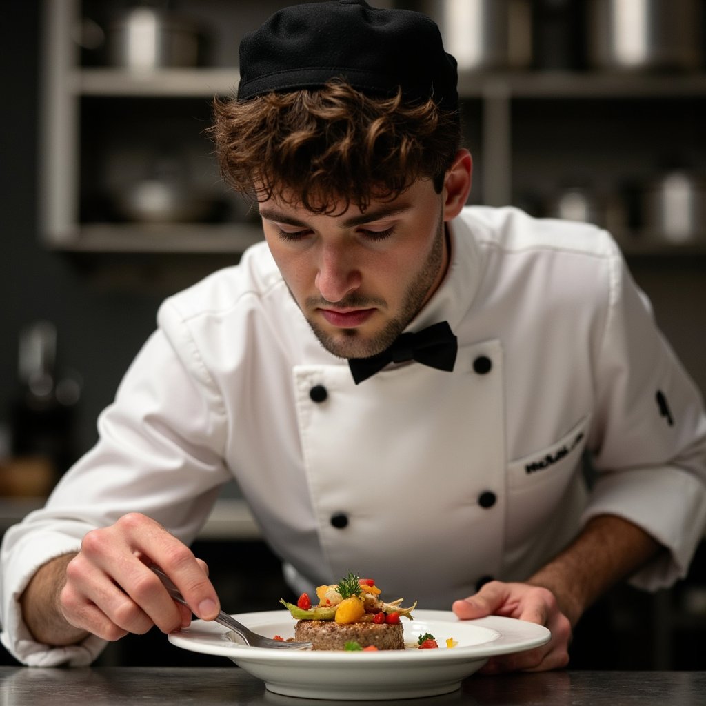 Highly detailed, highly realistic HDR portrait of a man chef in a spotless double-breasted cotton chef jacket with matte black buttons, sleeves neatly rolled; short trimmed beard, hair under black cap. Camera: 50mm lens, f/2.2, ISO 320, shot slightly above eye-level, waist-up angle to emphasize plated dish. Lighting: tungsten kitchen lights with softbox fill from camera left, gentle shadows to right; highlights glint on stainless counter. Pose: leaning slightly forward, right hand placing garnish with tweezers, focused expression. Background: softly blurred pass-through window and shelves of clean pans, minimal clutter.