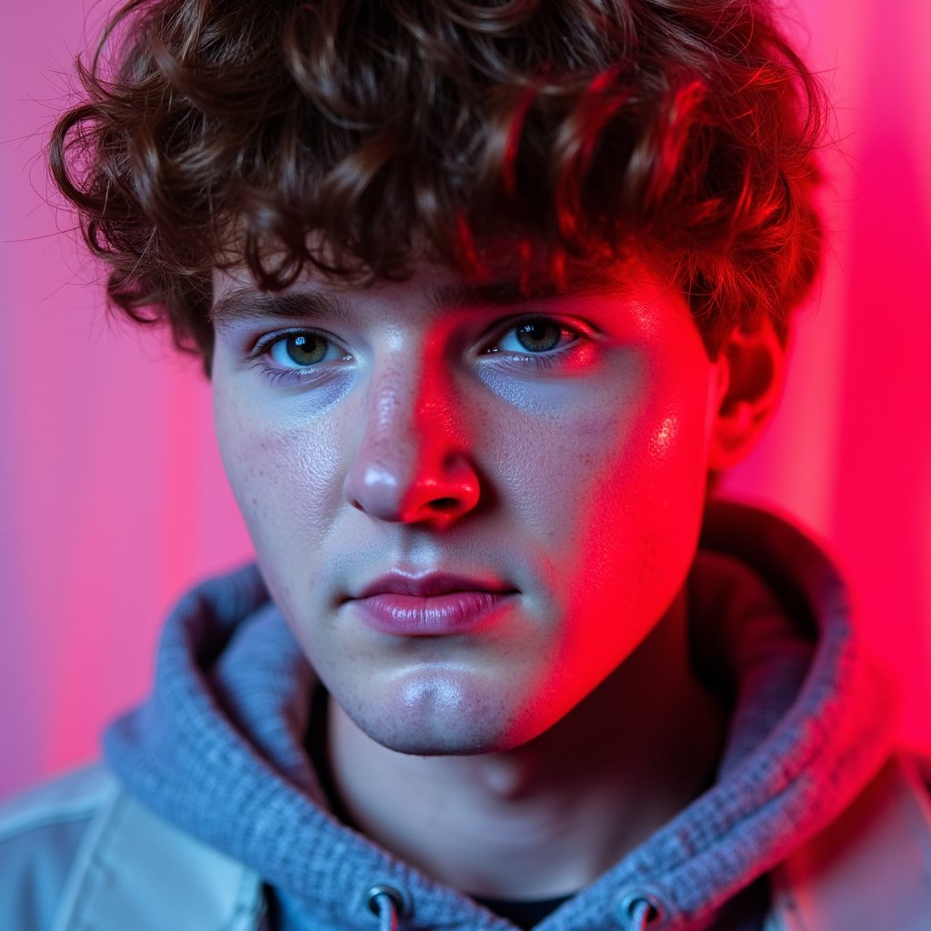 Close-up headshot of a singer-songwriter with tousled hair, casual hoodie, faint smile, soft sunset lighting — quiet and personal like Ed Sheeran’s Play tour