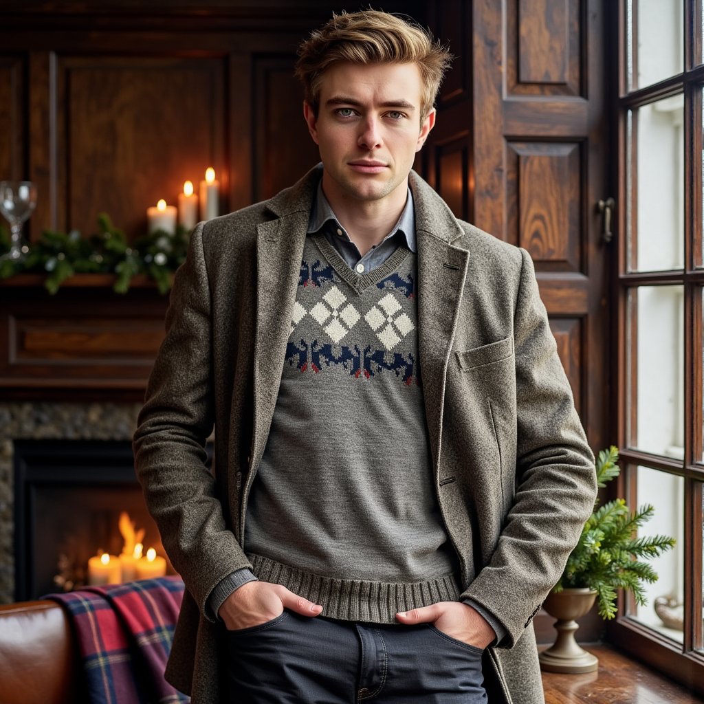 Man standing near a mullioned window, body angled 30° from camera, eyes to lens, calm expression. Hairstyle: side-part with light pomade, neatly trimmed beard. Attire: heritage Fair Isle wool sweater layered over an Oxford shirt; tweed sport coat draped over shoulders; wool scarf loosely looped. Fabric details: jacquard knit definition, tweed herringbone, oxford weave. Camera: slightly above eye-level, 50mm, f/2.2. Lighting: cool daylight key through window + warm bounce from room for mixed-temperature holiday glow. Background: blurred evergreen boughs, leather-bound books, subtle tartan throw on a chair; minimal objects, no clutter. Pose: one hand lightly touching scarf edge. Render: highly detailed, highly realistic, HDR; crisp knit pattern; lifelike eye catchlights.