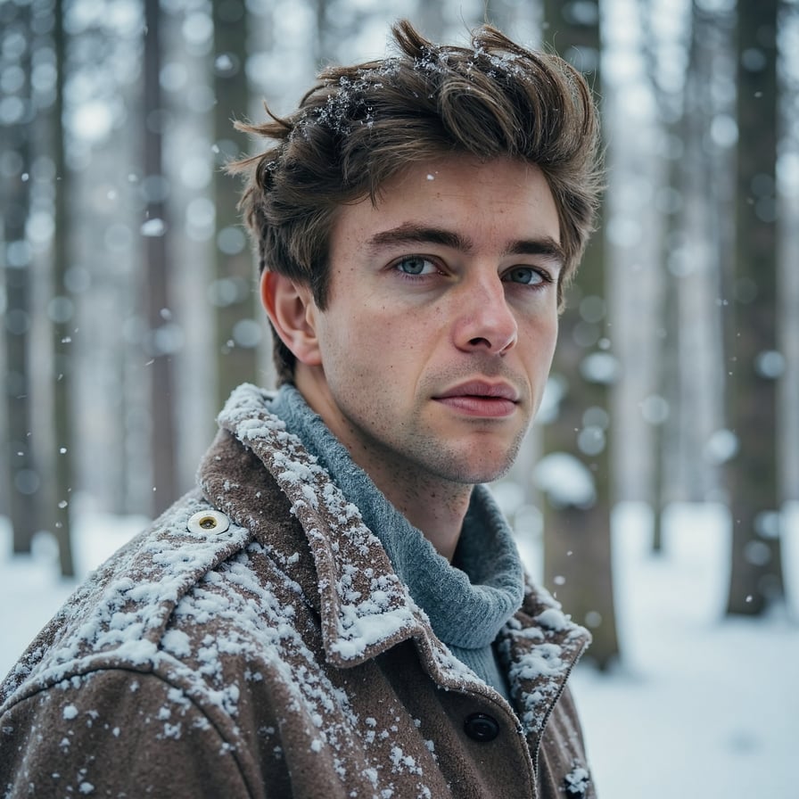 man chest-up portrait in a snowy forest setting, calm cinematic mood, soft blurred trees in the background, gentle snowfall, clear focus on the face, cool natural winter lighting, highly detailed, highly realistic, HDR