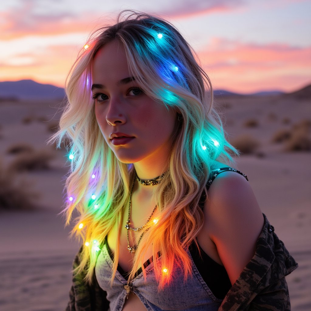 Portrait of a woman wearing luminous fiber-optic strands in her hair, glowing softly at dusk in the open desert, layered bohemian outfit, Burning Man vibe”