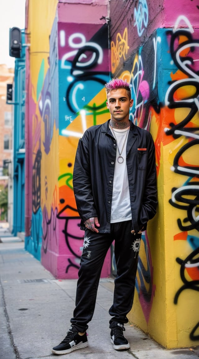 Handsome street punk, graffiti alley, detailed, hyper-realistic setting.
