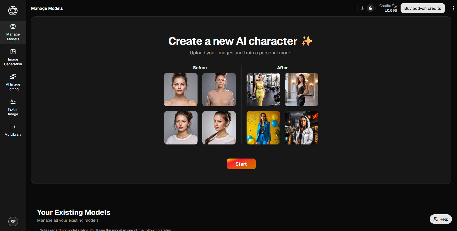 Model creation screen