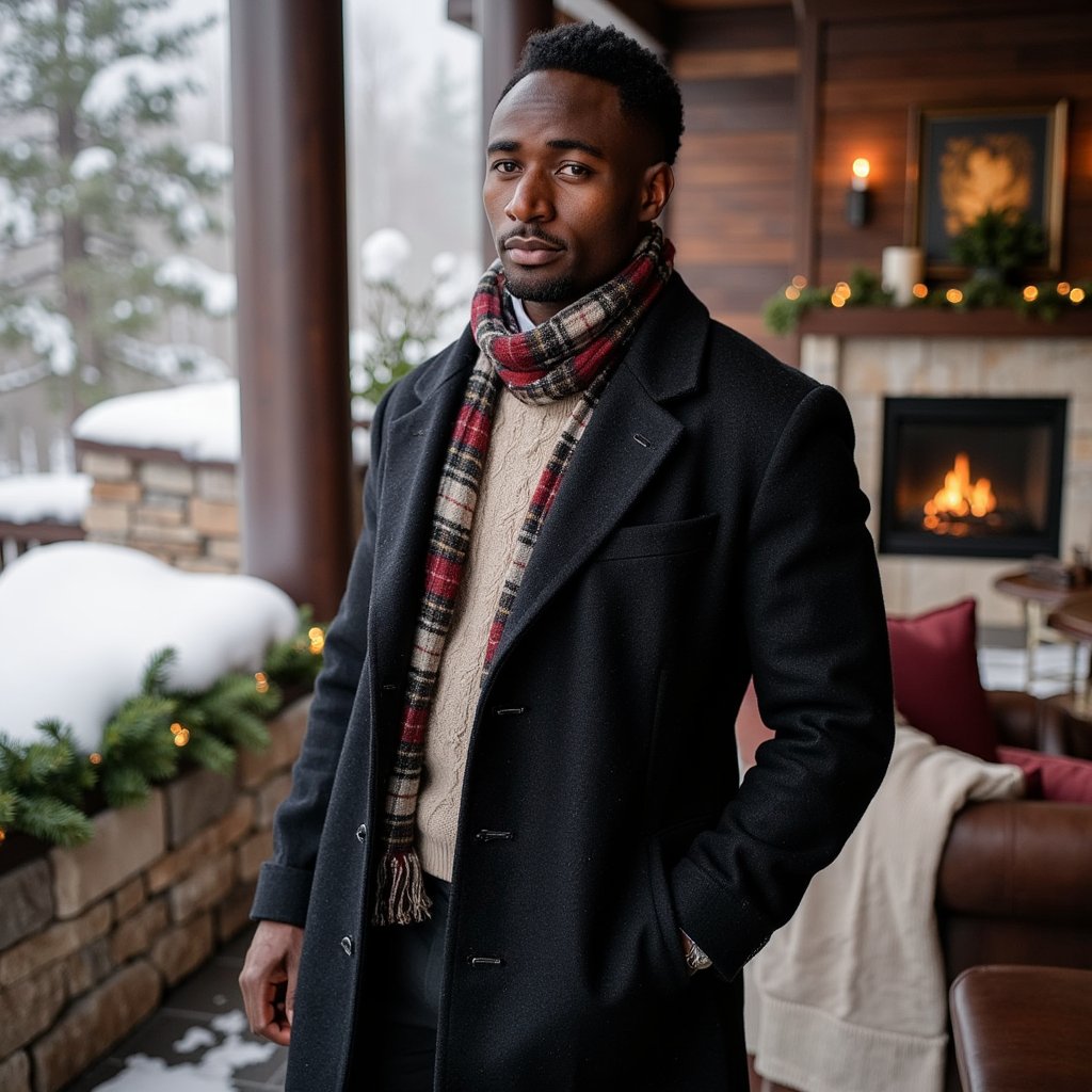 Man standing on a snow-dusted stone terrace overlooking pine forest; body slightly turned, eyes into distance. Hairstyle: swept-back hair, trimmed beard with snow specks. Attire: dark wool overcoat layered over a cream cable-knit sweater, plaid scarf loosely wrapped. Fabric details: visible wool fibers, scarf weave, frost crystals. Camera: medium telephoto, 70mm, f/2.8. Lighting: soft overcast daylight, gentle edge light from snow reflection. Background: blurred snow-covered pines and lodge windows glowing faintly; minimal foreground clutter. Pose: hands in coat pockets, posture upright. Render: highly detailed, highly realistic, HDR; visible breath mist, true skin tone under cool light.
