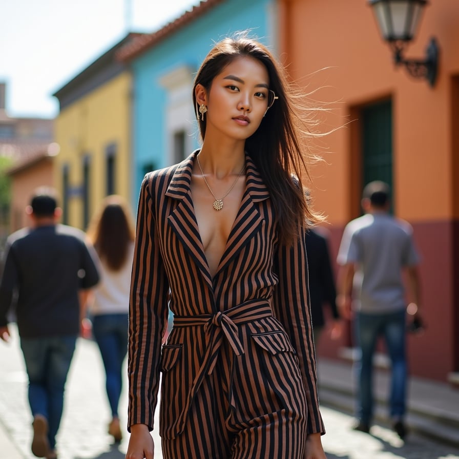 woman amidst bustling city life, wearing trendy outfit and statement accessories, against a backdrop of vibrant urban scenery
