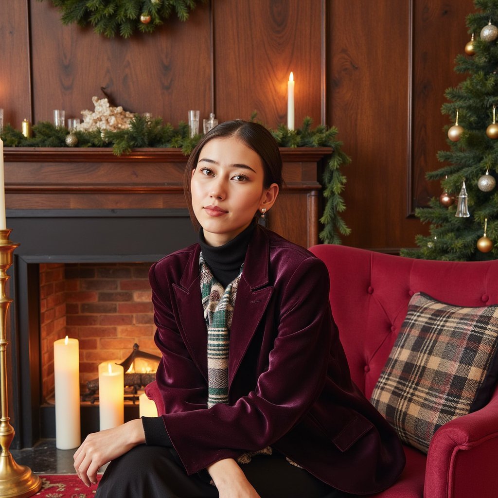 A poised woman seated ¾ to camera, head slightly tilted, soft smile. Hairstyle: sleek low chignon with a few face-framing strands. Attire: jewel-tone velvet blazer with peak lapels over a fine-gauge cashmere turtleneck; subtle tartan scarf tucked at the neck; small pearl studs. Fabric details: visible velvet pile, crisp wool twill in the scarf. Camera: eye-level, 85mm portrait, f/1.8 for creamy bokeh. Lighting: warm key from fireplace + gentle fill; candle bokeh highlights; slight rim from a hidden practical lamp. Background: mahogany-paneled library, brass candlesticks, crystal ornaments, evergreen garland—tastefully blurred, minimal clutter. Pose: relaxed shoulders, hands out of frame. Color mood: rich jewel tones, warm brass. Render: highly detailed, highly realistic, HDR; skin texture natural; minimal retouching.