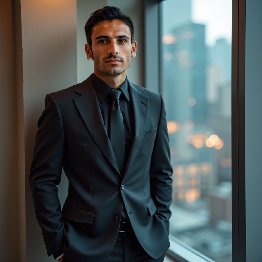 man in a sleek business suit, standing against a neutral or cityscape backdrop. His expression is confident and approachable, with crisp lighting accentuating his features. The image should convey leadership and trustworthiness