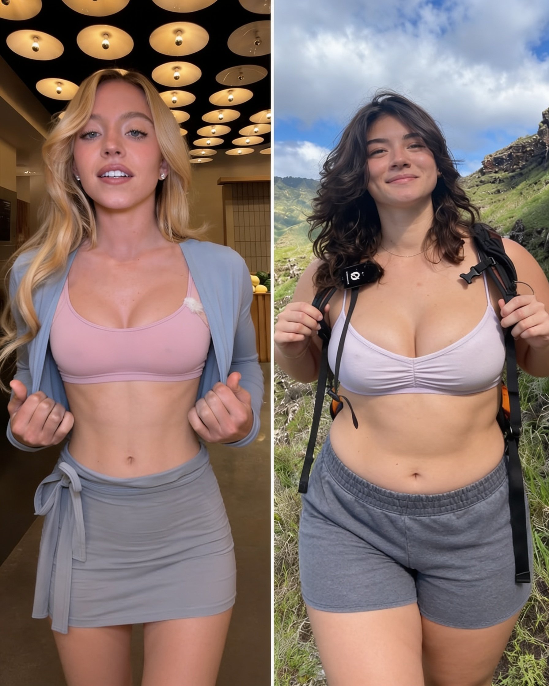 EDIT THE TWO WOMEN DIFFERENTLY. DO NOT AVERAGE THEIR BODIES.
LEFT WOMAN: Significantly REDUCE her body volume and make her physique match the naturally slim, lean proportions currently visible on the RIGHT woman. Her bust, upper arms, waist, abdomen, hips and thighs should all become visibly smaller and leaner.
RIGHT WOMAN: Significantly INCREASE her body volume and make her physique match the fuller, curvier proportions currently visible on the LEFT woman. Her bust, upper arms, waist, abdomen, hips and thighs should all become visibly fuller and softer.
The transformation must go in OPPOSITE directions: LEFT becomes much slimmer; RIGHT becomes much fuller.
Do not create an intermediate body type.
Preserve both original faces EXACTLY. Do not alter their facial features, head, hair, expression, skin tone, age, clothing, pose, hands, background or identity. Only modify body volume and fat distribution. Keep realistic anatomy and the same side-by-side composition.