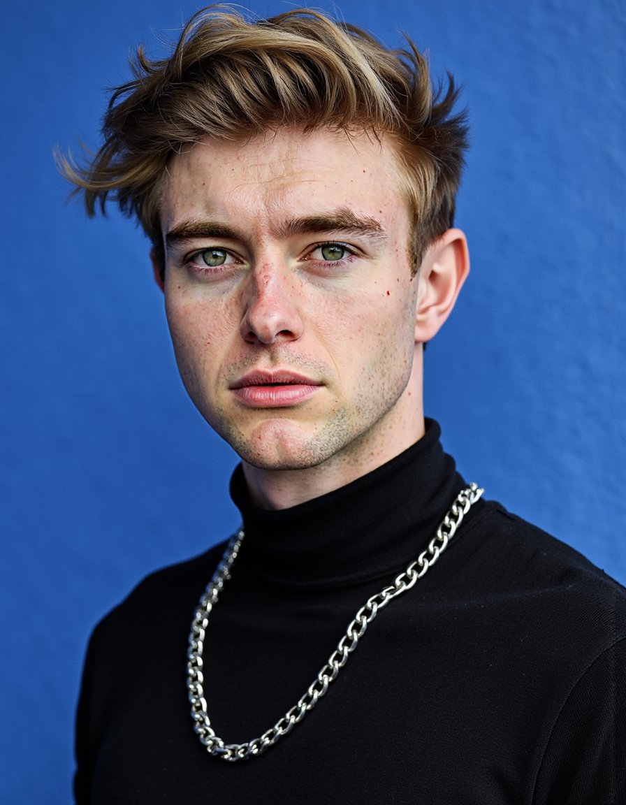 Waist-up portrait of a young man with styled hair, wearing a black turtleneck and silver chain. Background: solid electric blue. Slight 45-degree body angle, serious gaze into camera. Harsh side lighting casting mild shadows. Realistic stubble, skin pores, sharp separation from vivid backdrop.