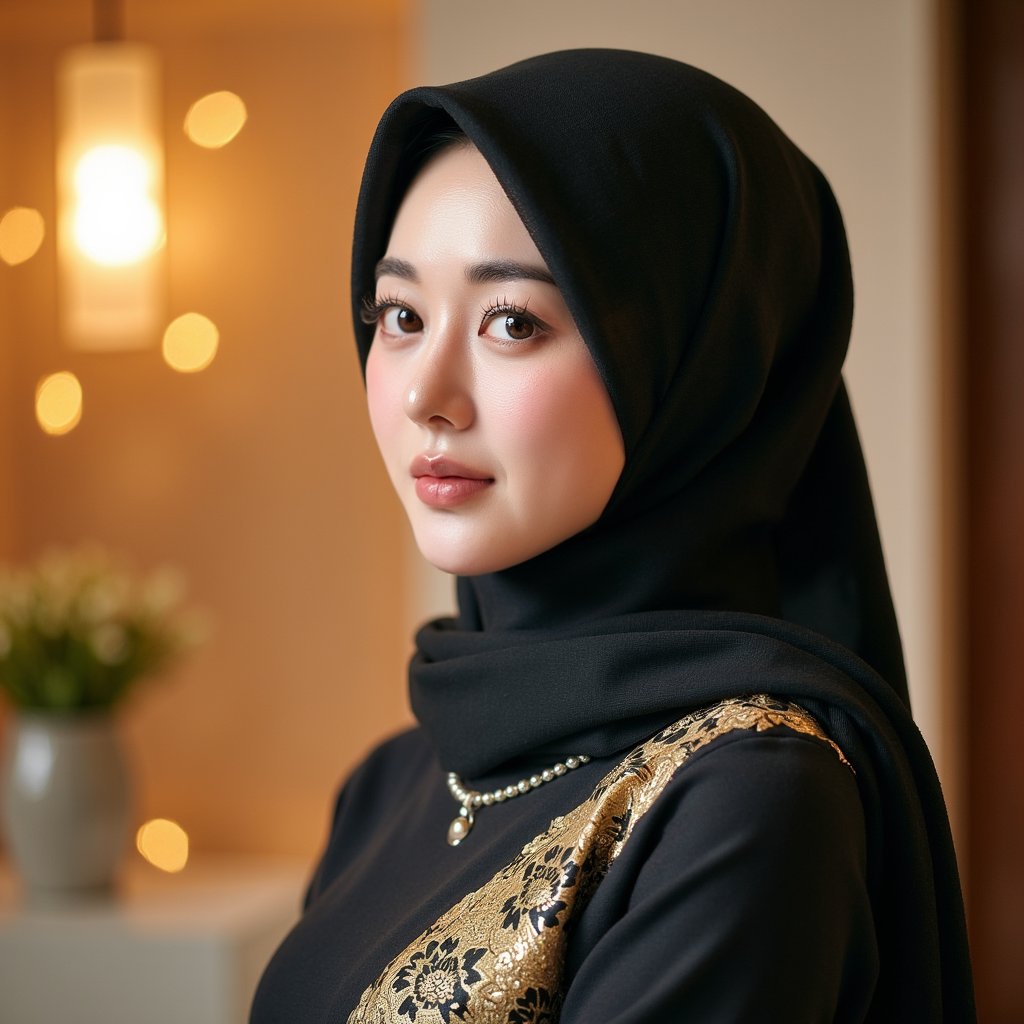 Editorial-style portrait of a woman facing camera in formal modest attire, backdrop with soft bokeh lights, conveying warmth and grace for Mawlid celebration