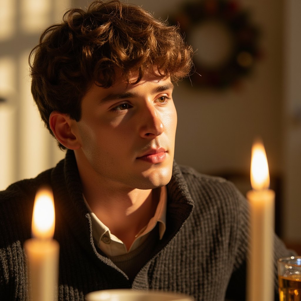 Hyperrealistic, highly detailed HDR image of a man (male, ~37 yrs) captured waist-up at a dinner table, side-lit by several tall candles on the right. He wears a textured charcoal knit sweater layered over a light beige shirt, collar slightly visible. His hair is neatly styled, faint stubble visible. The soft golden light contours his face, creating contrast between illuminated and shadowed sides. Background softly blurred: bokeh of a chandelier, faint reflections from glassware. His expression is thoughtful and content. Fine fabric fibers, skin pores, and reflections on crystal surfaces visible. Warm cinematic Thanksgiving atmosphere. HDR, high resolution, high quality, highly detailed, photorealistic.