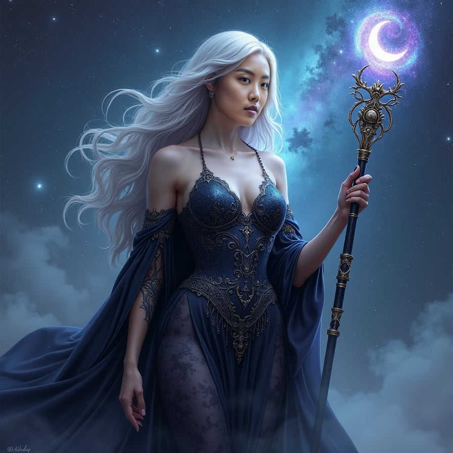 Illustrate a celestial vampire sorceress floating in a night sky filled with stars and swirling nebulas. Her long silver hair blends with the constellations, and her skin glows faintly as if reflecting moonlight. She wears a mystical gown with shimmering, galaxy-like patterns and holds an ancient, glowing staff with a crescent moon symbol. Her expression is serene but intense, and the stars around her pulse with an eerie, supernatural energy.