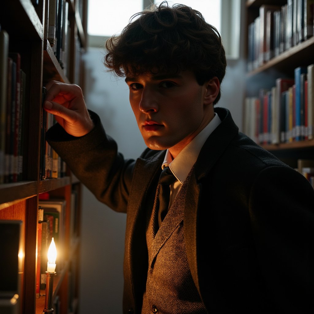 Wide shot from a slightly low angle, 24 mm lens, f/4, ISO 400, 1/60 s. The primary light source is a tall oil lamp on the desk to his left (camera-right in frame), positioned just above waist height. This produces a warm, directional glow across the left side of his torso, face, and the closest bookshelf edge. Shadows fall naturally to his right, stretching across the floor and slightly backward toward the far shelves, consistent with the lamp’s position. The secondary light source is moonlight streaming through a clerestory window directly above and behind him, entering at a steep angle and catching the top edges of bookshelves and his hairline, producing a cool, faint rim. The two light temperatures — warm from the lamp and cool from the moon — mix realistically on the tweed waistcoat (herringbone pattern visible where the lamp’s light is strongest) and brass collar bar (small specular highlight at lamp angle). Hair is neatly side-parted, with flyaways illuminated by the moonlight rim. His right hand trails along the spines of books, casting a soft shadow on the shelf immediately behind. Depth of field keeps him and the nearest bookshelves sharp, while the far wall fades slightly due to atmospheric haze, giving a sense of depth without inconsistent shadow geometry. Highly detailed, highly realistic, HDR.