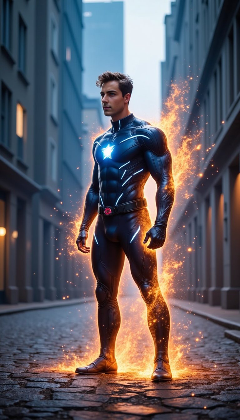 A powerful superhero figure stands at the center of a glowing energy core, with radiant pulses of light behind them. Their futuristic suit features subtle tech enhancements and glowing accents, as they look forward with fierce determination under a dramatic blue-orange glow.