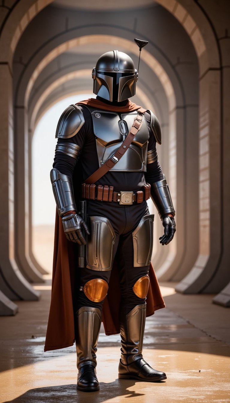 A futuristic bounty hunter in sleek Mandalorian-style armor, helmet off, holding a blaster, standing in a spaceship hangar with industrial lighting and sci-fi textures, confident pose, desert elements hinting at Tatooine, cinematic portrait framing