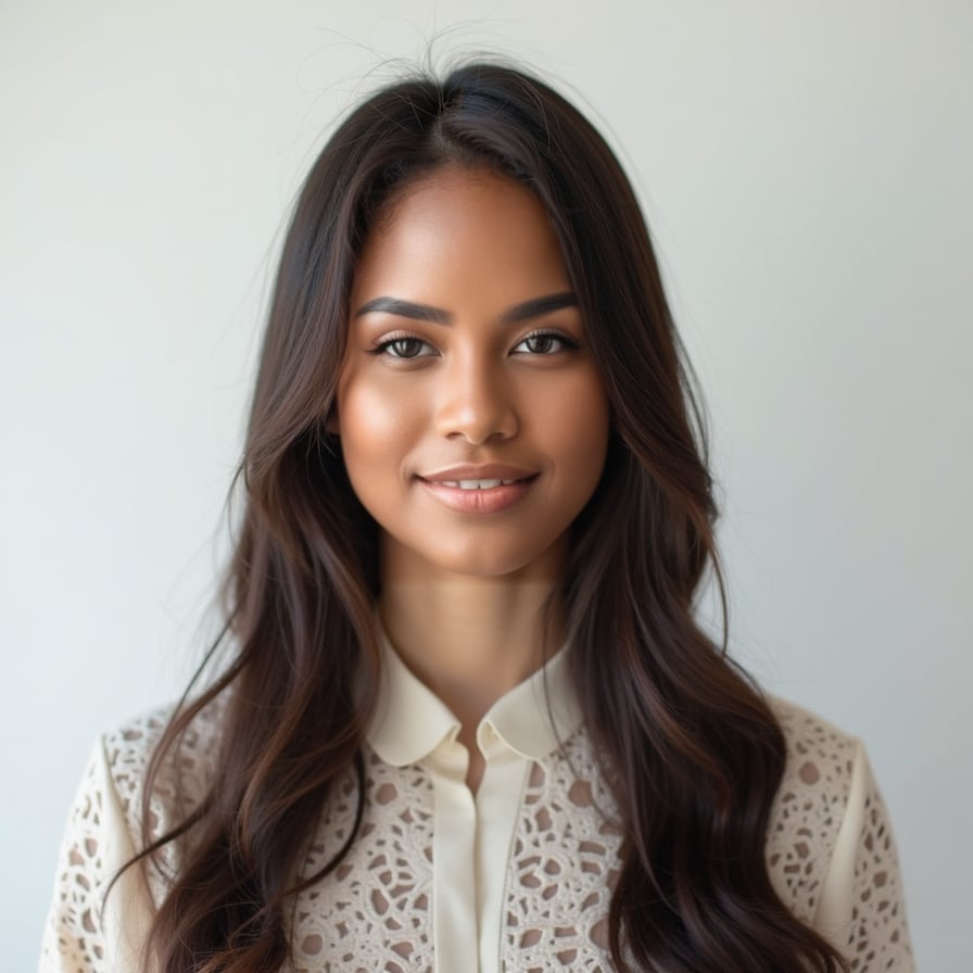 A passport-size photo of a person wearing traditional formal attire, with a neutral expression. The background is plain white, even lighting is used to eliminate shadows. The person is centered and looking directly at the camera