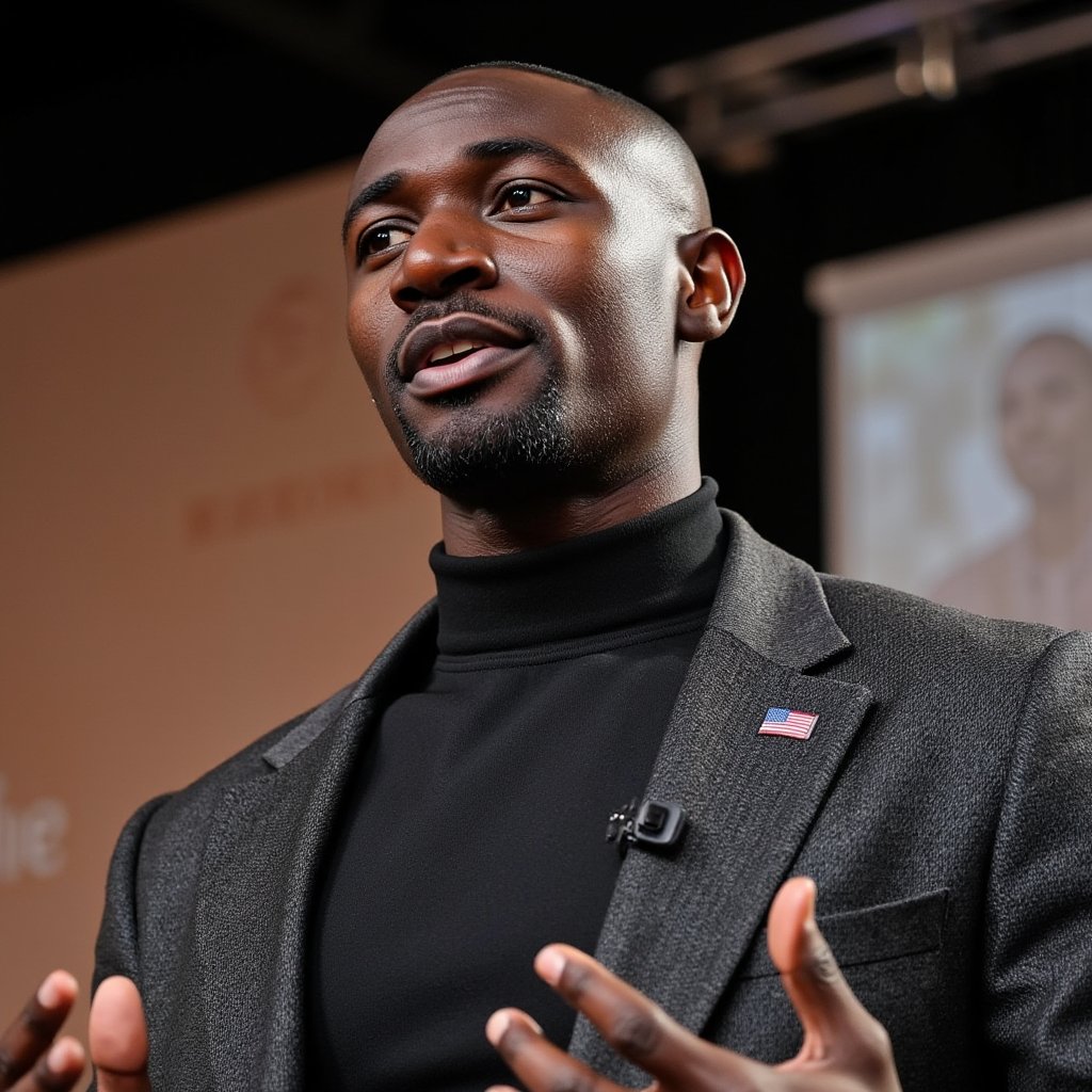 Highly realistic, highly detailed HDR image of a man keynote speaker on stage; charcoal blazer over a fine black turtleneck, small clip-on lav mic. Camera: 135mm lens, f/2.0, ISO 800, chest-up angle from audience perspective. Lighting: overhead spot as strong key, cool backlight rim highlighting shoulders, faint fill from stage floor bounce; believable shadows across backdrop. Pose: mid-gesture with open hands, animated expression as if addressing audience. Background: blurred LED screen with abstract graphics, minimal clutter.