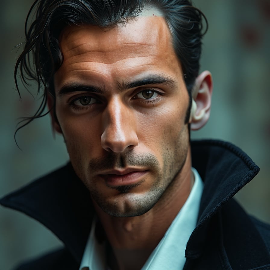 Elegant vampire, pale skin, piercing eyes, and gothic castle backdrop.