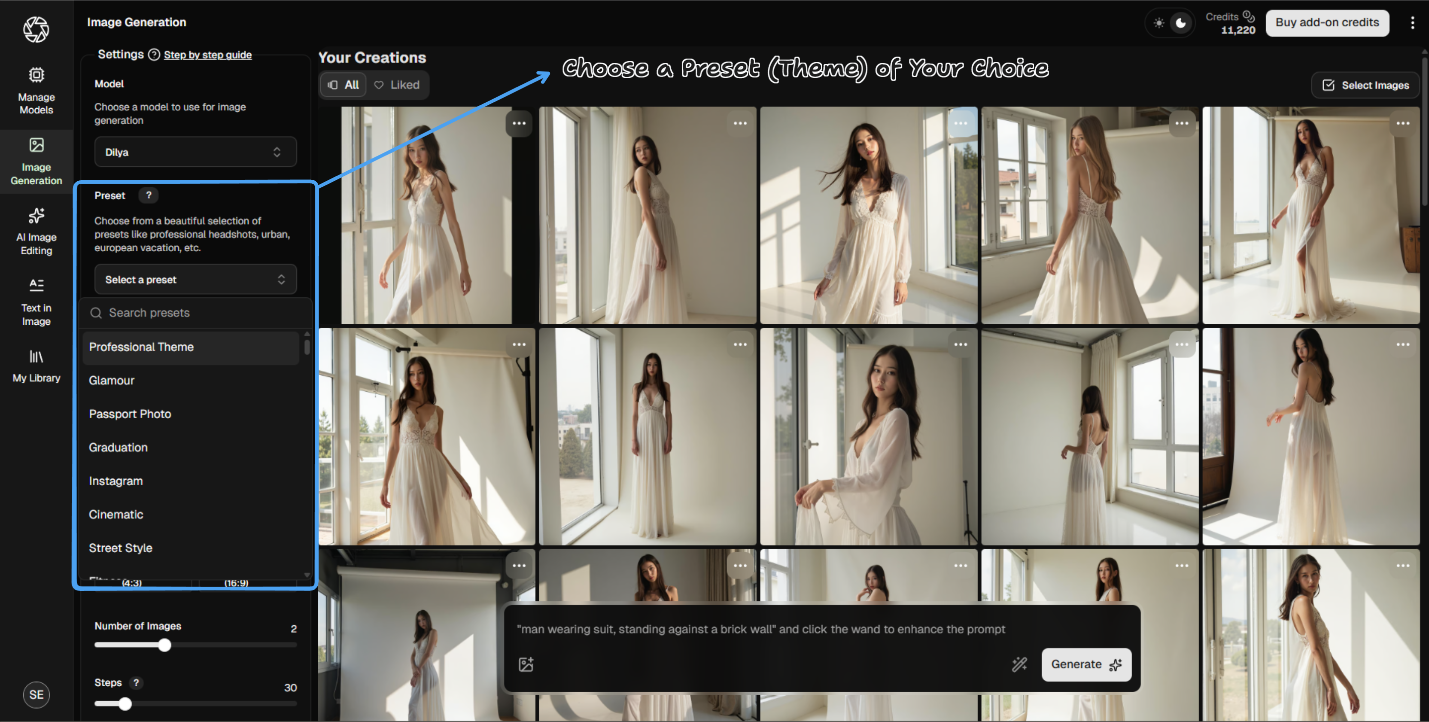 Screenshot showing the Presets tab inside the PhotoGPT dashboard