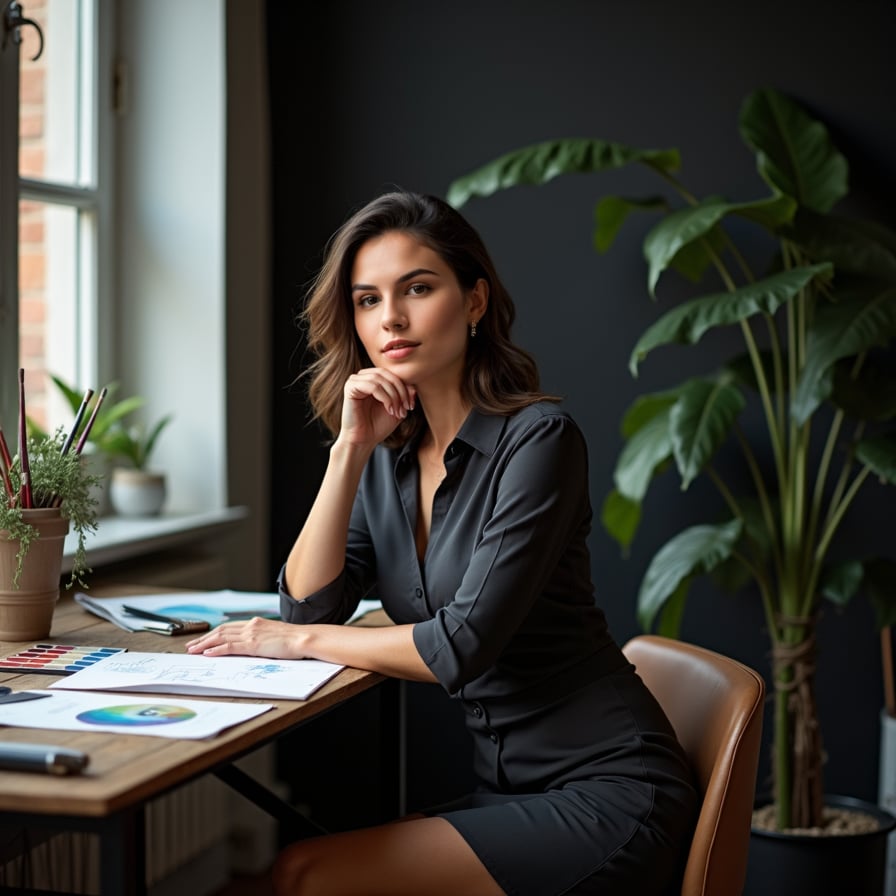 A woman seated at a desk covered with art supplies, sketches, and color swatches. She holds a paintbrush in one hand, her chin resting on the other, smiling softly at the camera with an expression of thoughtful creativity