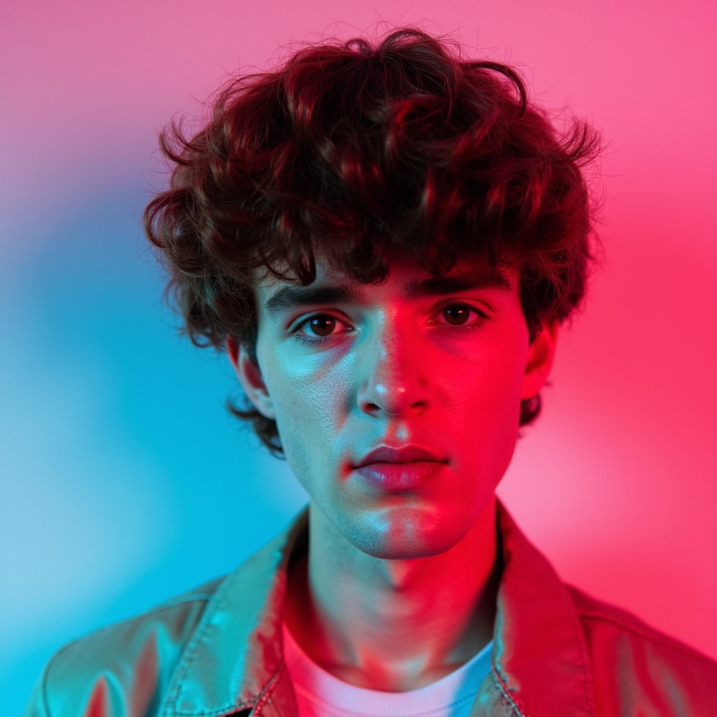 man in a vibrant, expressive look, styled with a bold pop-inspired aesthetic. The scene is infused with vivid pink tones, soft neon lighting, and nostalgic retro elements. His appearance is relaxed yet confident, channeling the mood of creative freedom and emotional uplift. The background features soft textures and playful graphic accents. Hyper-detailed, saturated colors, smooth lighting gradients, retro-modern vibe