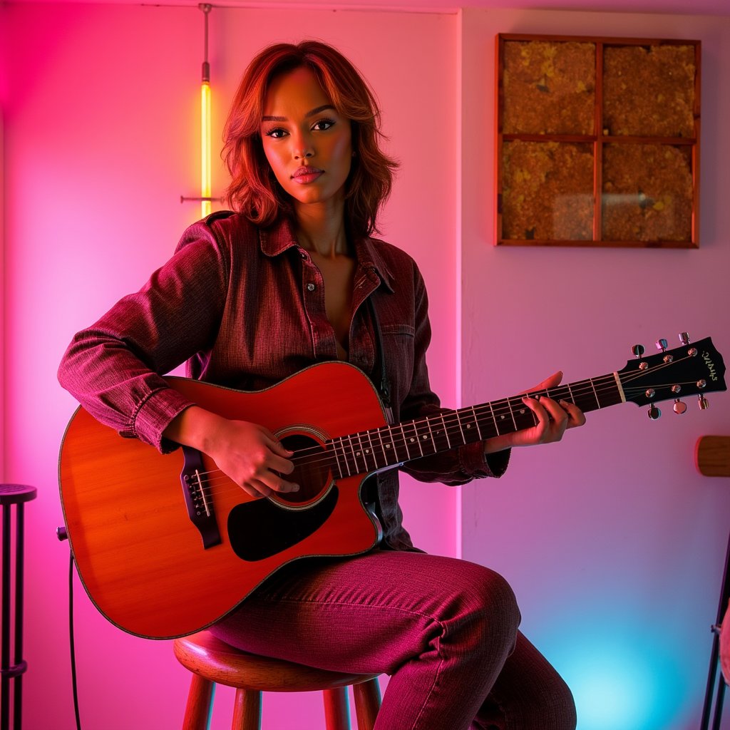 Knee-up portrait of a musician sitting on a wooden stool holding an acoustic guitar, warm ambient lighting, candid moment like a backstage session