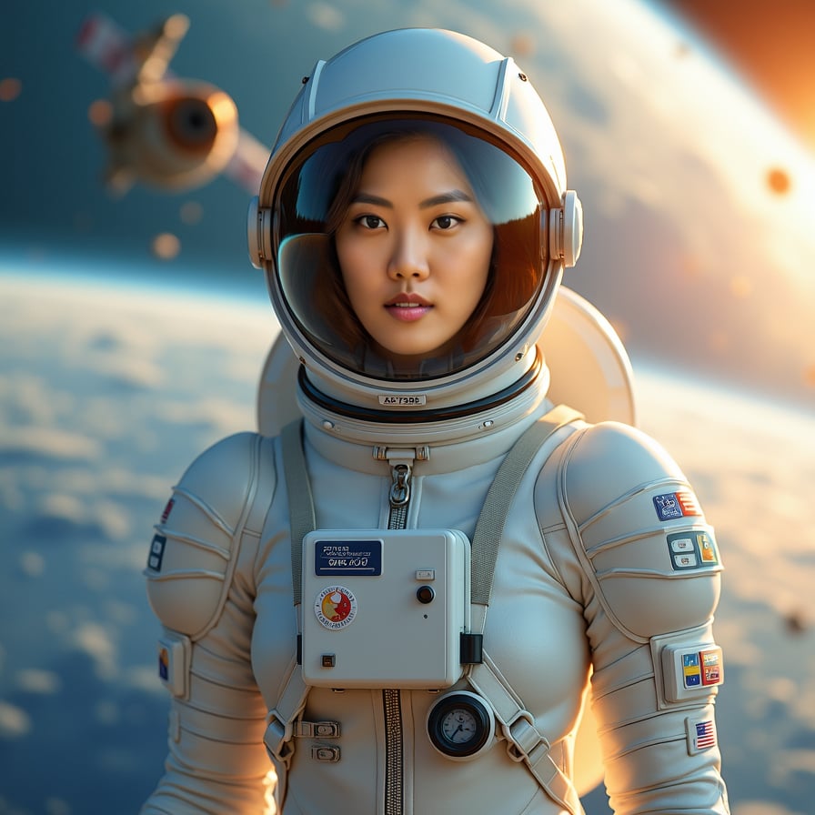 Heroic astronaut, white suit, Earth’s orbit backdrop, reflective visor.