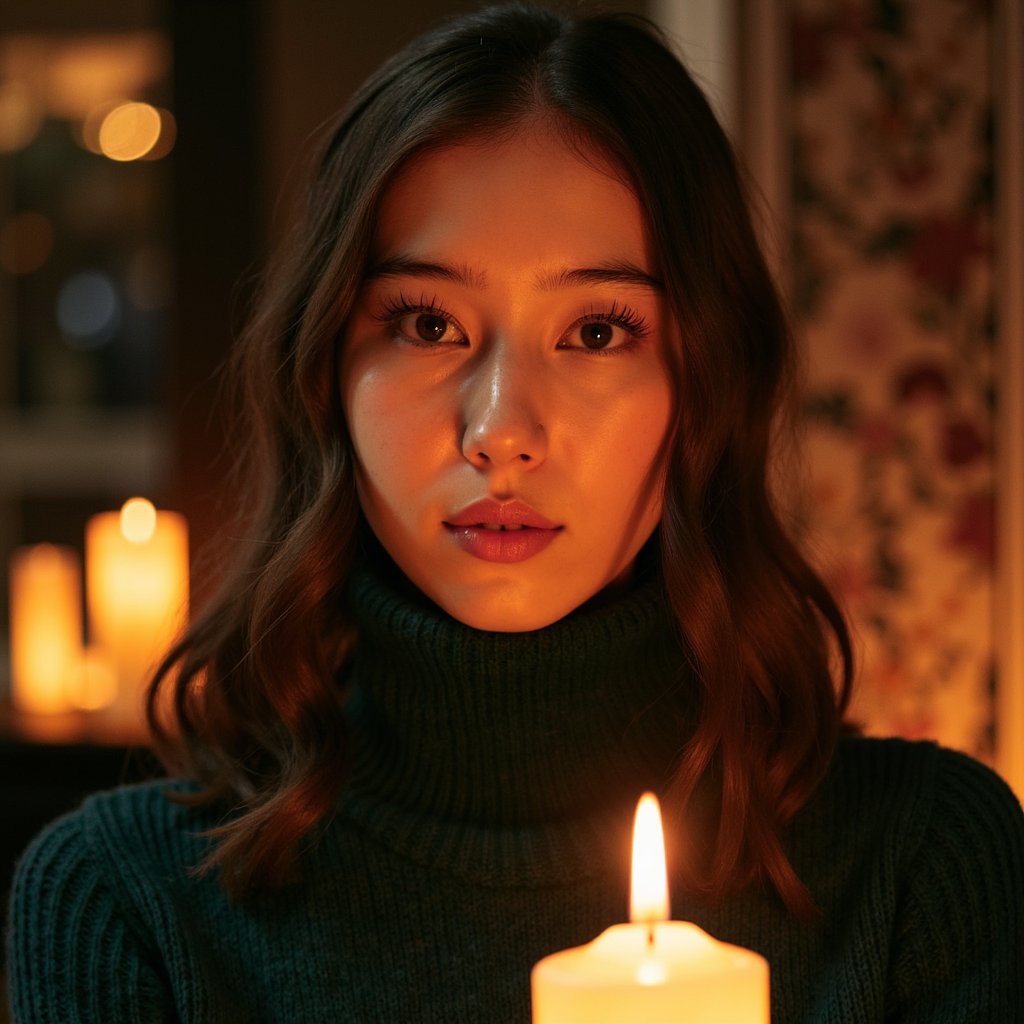 Highly detailed, highly realistic, hyperrealistic HDR close-up portrait of a woman (female, 40 yrs) illuminated by warm candlelight. Camera straight-on, tight head-and-shoulders framing. She wears a dark forest-green wool turtleneck sweater, texture clearly visible in soft folds around the neck. Her hair is mid-length, softly curled, dark brown with auburn undertones catching the candle glow. The background fades into rich darkness with bokeh from two small candles. Her expression gentle, eyes reflecting golden light. Visible skin texture, fine facial hair, soft sheen on lips, and subtle catchlight in eyes. Warm cinematic contrast, candlelight realism. HDR, high resolution, high quality, highly detailed, photorealistic.