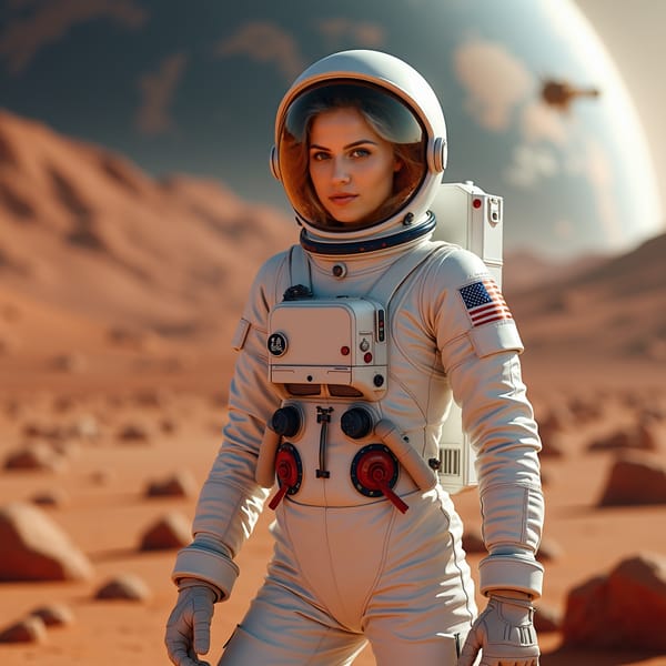 woman wearing a sleek white spacesuit, Mars landscape background with red planet terrain and dust storms, constructing a futuristic habitat module, with tools and components scattered around her, confident pose with a sense of determination and pioneering spirit.