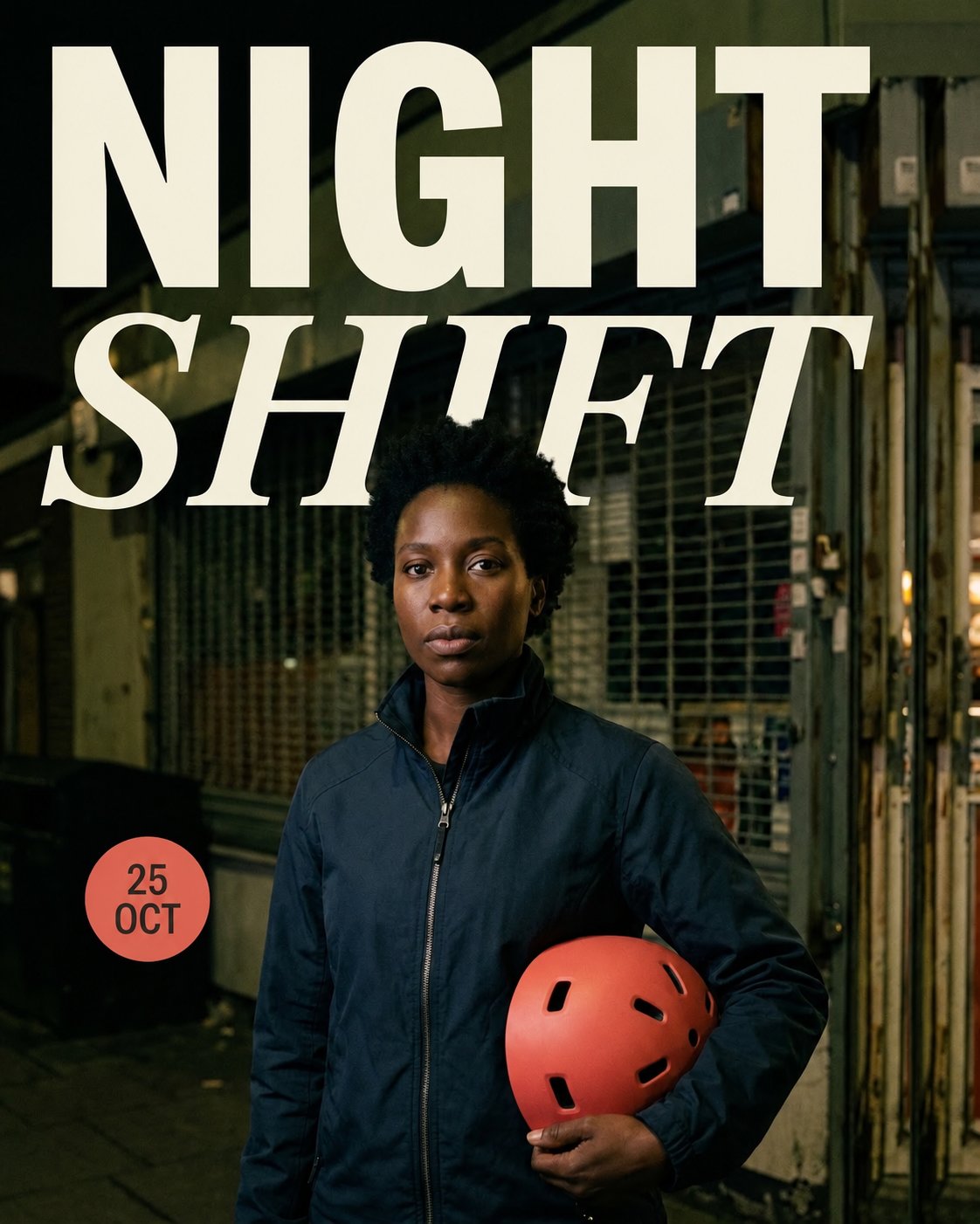 The finished NIGHT SHIFT poster with the performer, cream title, and coral date
badge