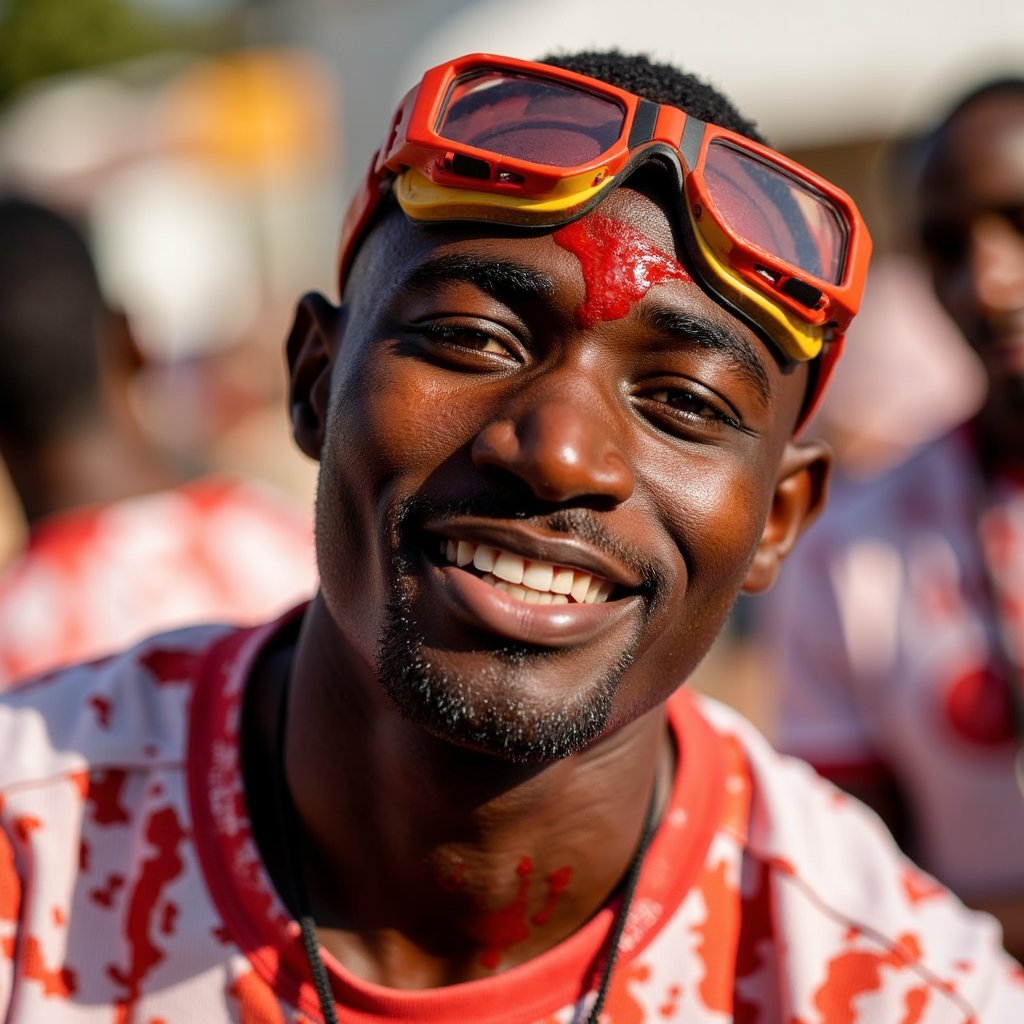 Close-up of a man in festival goggles and torn shirt, tomato pulp smeared across forehead, intense yet amused expression, pure La Tomatina grit