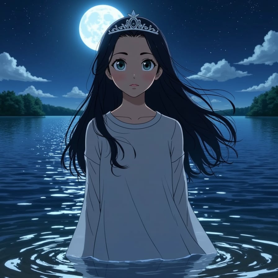 A woman with flowing black hair and a delicate silver crown, standing by a shimmering lake under the full moon. The water reflects glowing fish that dance around her feet, as she hums an ancient melody to the night.