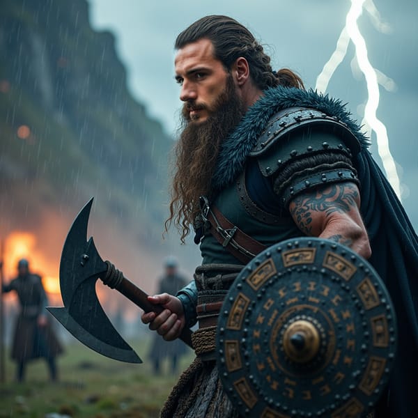 A fierce Viking warrior in the midst of battle, with braided hair, a long beard, and intricate Nordic tattoos. He wields a battle axe and a round shield with rune symbols. The scene is dramatic, set against a dark, stormy sky, with lightning illuminating the rugged landscape. In the background, other warriors fight, their silhouettes visible through the rain. The style is highly detailed, evoking a sense of epic, ancient strength and raw intensity
