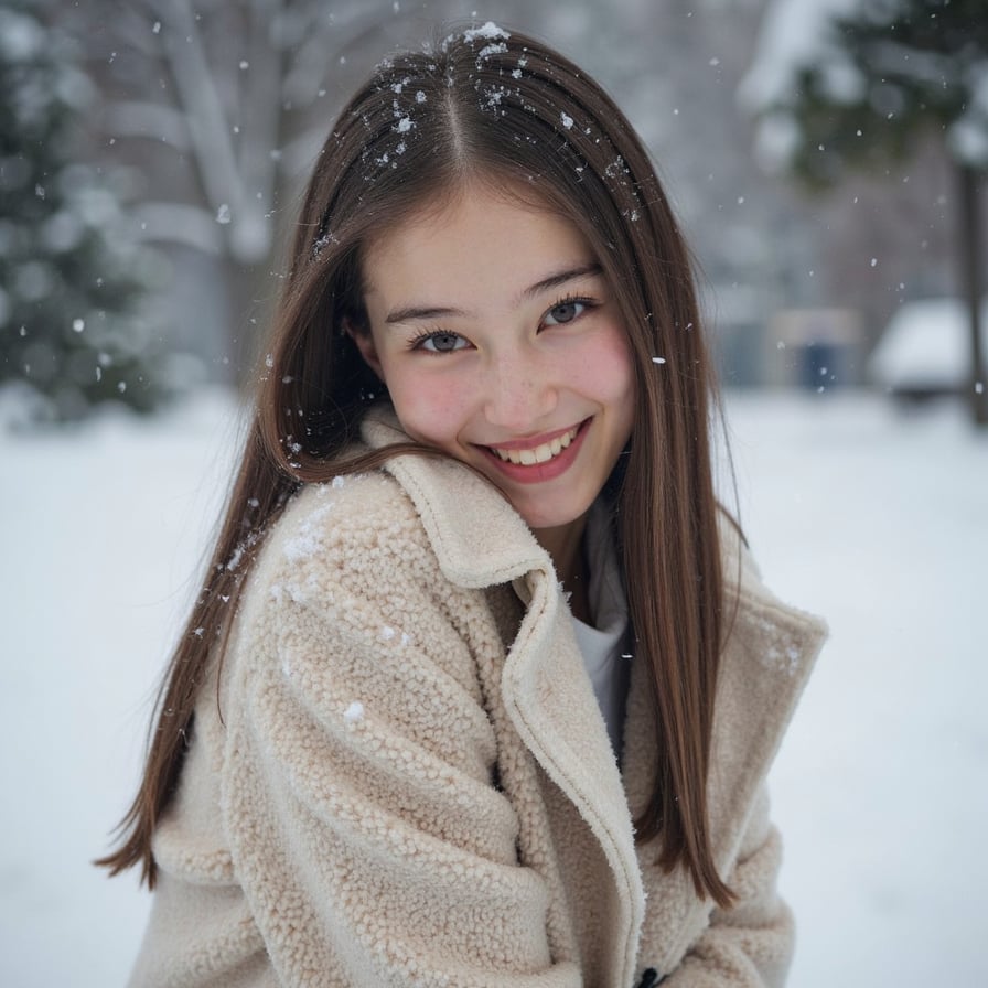 girl head-and-thighs portrait outdoors in softly falling snow, playful happy expression, snow settling lightly on her hair and coat, soft rosy winter cheeks, clean blurred snowy background, soft natural winter lighting, premium winter aesthetic, highly detailed, highly realistic, HDR