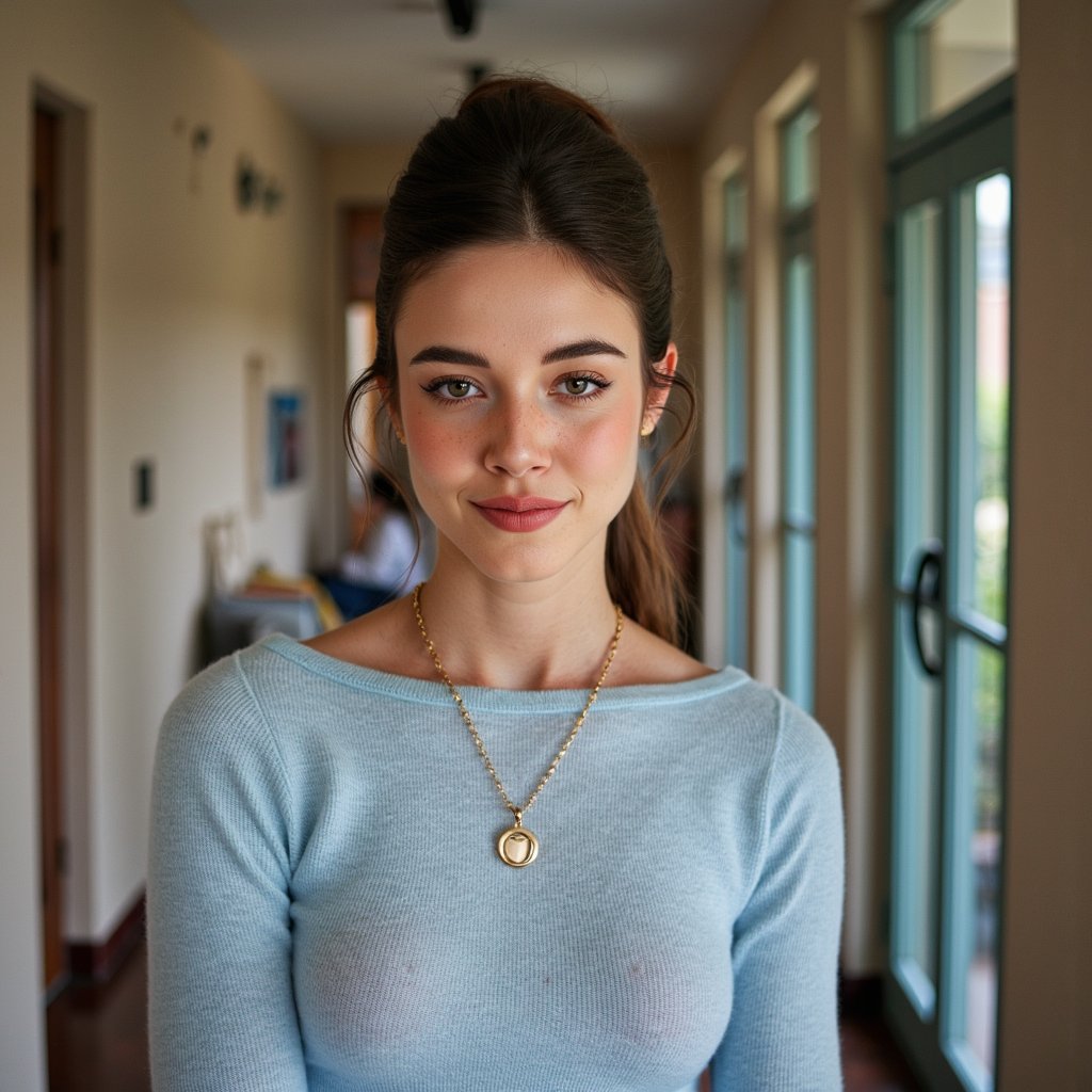 Ultra-realistic 1960s senior girl portrait, shot waist-up with an 85mm lens, shallow depth of field. She wears a fitted pastel blue wool sweater with a fine ribbed neckline, the weave visible in high resolution. Hair is styled in a high beehive, perfectly teased and pinned, with curled ends framing her jawline. A thin gold chain necklace with a small locket rests against the sweater, catching a pinpoint of light. Her eyes are hazel with natural light catch, lashes thickened with mascara, and a faint winged eyeliner. Skin shows lifelike texture — fine peach fuzz near the temples, soft freckles on the cheeks, and a natural sheen across the T-zone. Lips are lightly glossed pink, corners slightly upturned. Studio three-point lighting with a warm fill on the left, giving depth to cheek contours. Background is a smooth taupe muslin, blurred for subtle tonal gradient.