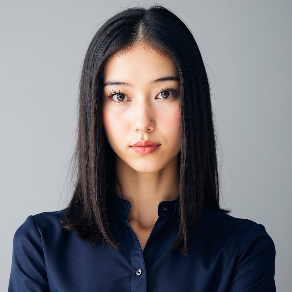 A highly realistic, HDR passport photo of a woman in her late 20s, wearing a simple yet elegant navy blue blouse. Her straight black hair is neatly parted in the middle, falling just below her shoulders. The lighting is soft and diffuse, coming from above to cast a flattering glow on her face and soften any harsh shadows. The background is a soft blur of light gray, creating a subtle contrast with her attire. The subject is positioned slightly to the left of the frame, with the camera angle facing her directly but slightly tilted, capturing a calm, professional expression. The blouse fabric is crisp and textured, with slight light reflection visible on the fabric's surface. The camera focuses on her face, capturing her detailed features like skin texture, eyes, and the fine details of her blouse.