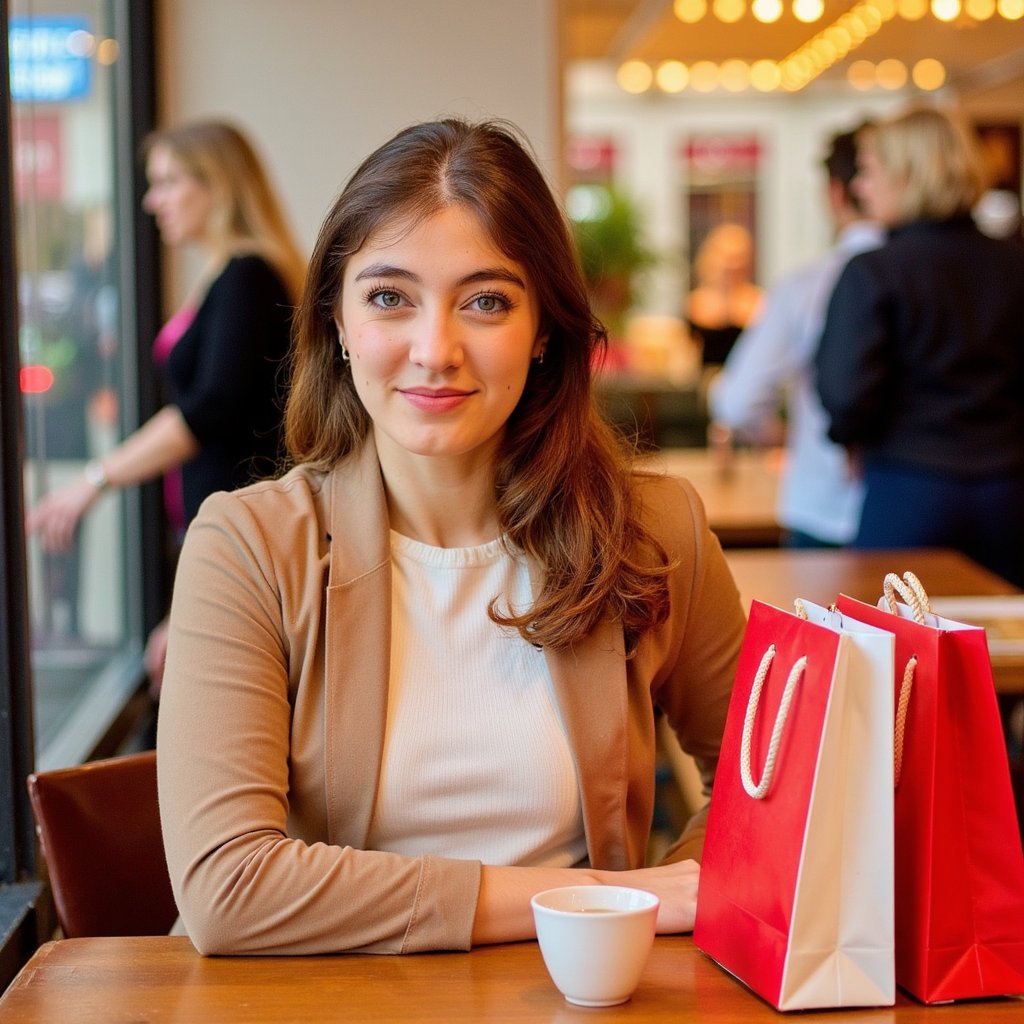 A woman (female) seated at a café table, two elegant shopping bags beside her with gold rope handles. Hairstyle: mid-length loose waves, soft gloss; makeup: natural warm tones, luminous finish. Attire: camel trench coat partially open over a white ribbed knit sweater; dainty gold chain necklace. Pose: forearms on table, leaning slightly forward, gentle smile toward camera, relaxed composure. Camera: 50mm lens, f/1.8, waist-up framing with slight overhead tilt. Lighting: window daylight key from left, warm café fill, subtle reflections on tabletop. Background: blurred bokeh of interior lights and patrons, muted warm tones, minimal clutter. Detail: visible fabric grain, latte foam texture, gold handle reflections. Highly detailed, highly realistic, HDR, high resolution.