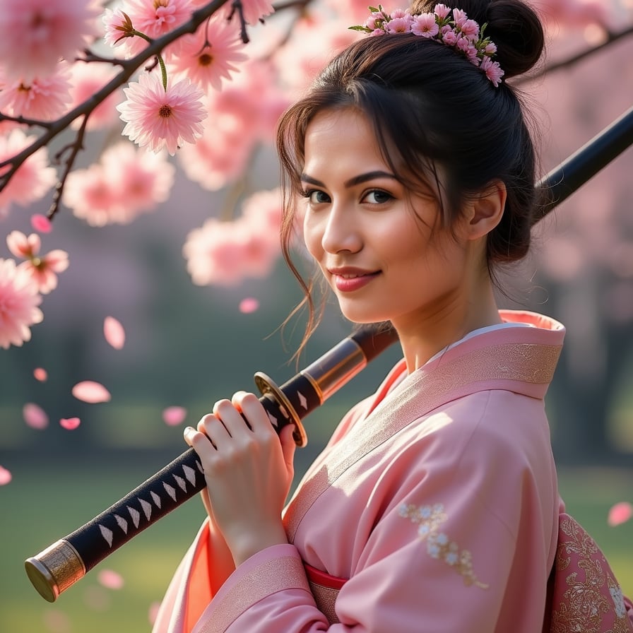 A fierce female samurai, dressed in ornate armor, stands beneath a sakura tree in full bloom. Her katana rests on her shoulder, and pink petals swirl around her as she gazes into the distance with a determined expression.