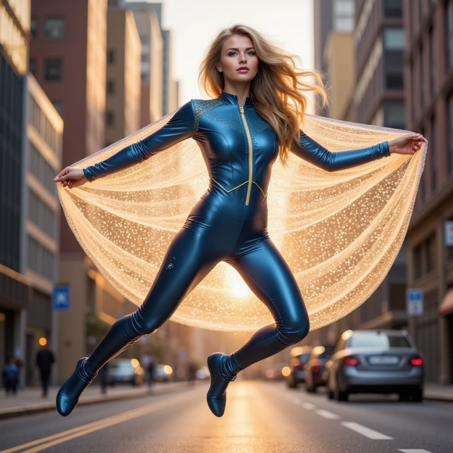 A light-weight female superhero in a sky-blue tech suit with a transparent glowing cape, captured mid-jump in low-gravity urban space, cinematic shallow depth of field