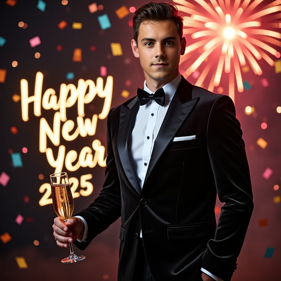 A man in a sleek black tuxedo, holding a glass of champagne, standing against a backdrop of glittering lights and a "Happy New Year 2025" banner, smiling confidently at the camera
