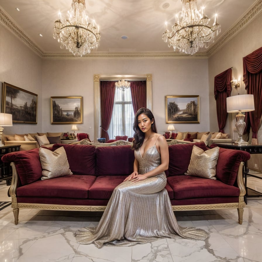 Elegant woman in gown, penthouse, opulent living room.