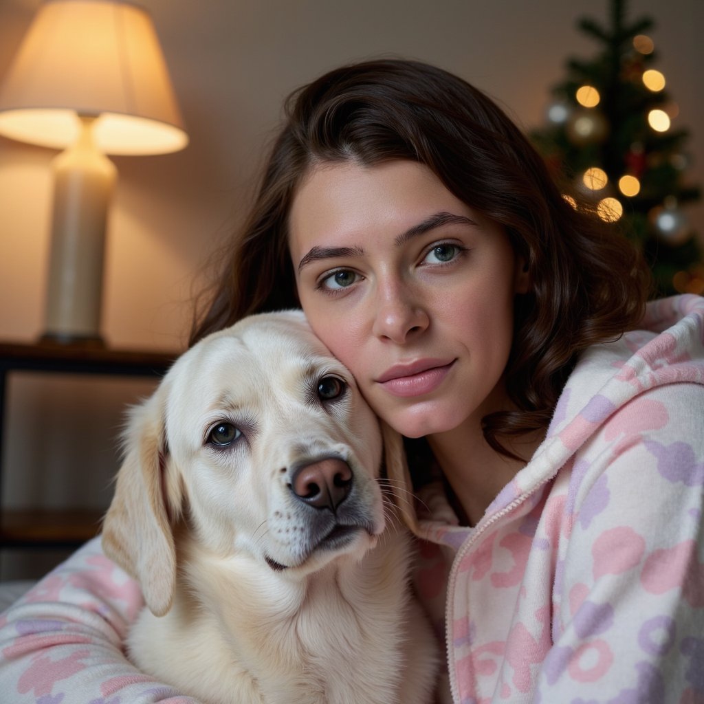Gender: Female

Pose: Close-up with her pet dog, both looking relaxed.

Attire: Comfortable pajamas, a cozy, patterned hoodie in pastel colors.

Hairstyle: Loose and natural, with some curls framing the face.

Lighting: Soft, warm light from an overhead lamp, casting a cozy glow around the subject and the pet.

Background: A living room with minimalistic decorations, including a small Christmas tree in the corner, subtly indicating the holiday season.

Camera Angle: Close-up shot at the same level as the subject and pet, capturing both their faces as they share a moment together.

Additional Details: Highly realistic textures of the pajamas, the dog’s fur, and the gentle lighting. The background is intentionally kept blurred to keep the focus on the intimate moment between the subject and her pet.