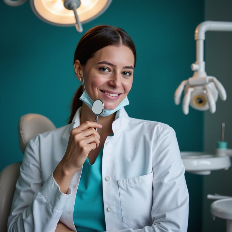 Highly detailed, highly realistic HDR portrait of a woman dentist in teal scrubs