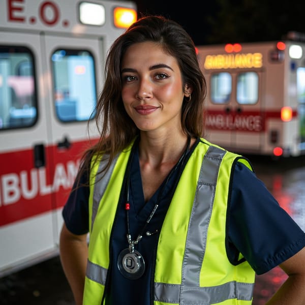 Highly detailed, highly realistic, HDR, 8k ER physician at ambulance bay at night; camera: 35mm, f/2.8, slight low angle; lighting: portable LED panel key + sodium-vapor rim; pose: hands on hips; attire: navy scrub set, high-visibility vest, ID badge; hair: short fade; facial detail: five-o’clock shadow with individual hair detail, visible skin texture under cool light, faint perspiration on upper lip, subtle vein pattern on temple, slightly narrowed eyes from wind; background: blurred ambulance lights bokeh, wet ground reflections.